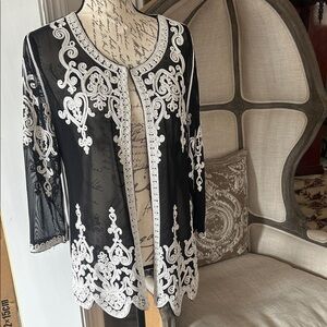 NWT Simply Couture Black Embroidered Open Drape Cardigan with White Embroidery